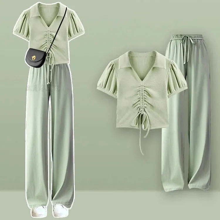 Chic Drawstring Crop Shirt Casual Pants Two Piece Set
