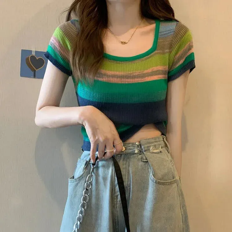 Chic Rainbow Striped Colorblock Short Sleeve T-Shirt