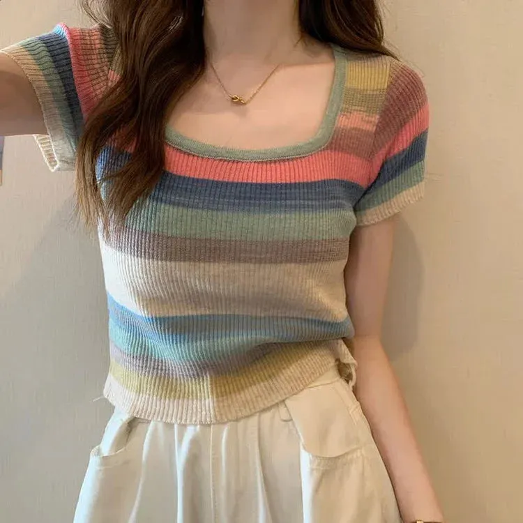 Chic Rainbow Striped Colorblock Short Sleeve T-Shirt