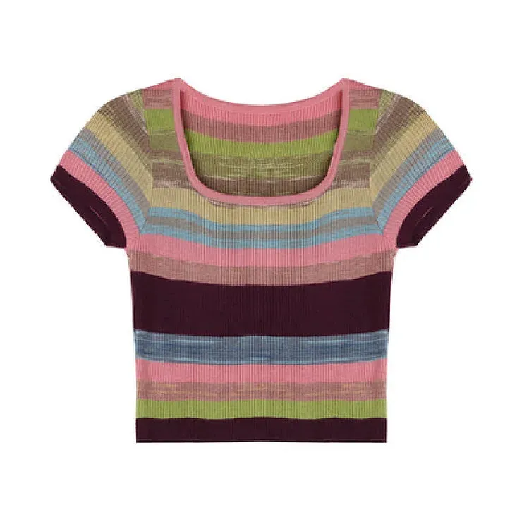 Chic Rainbow Striped Colorblock Short Sleeve T-Shirt