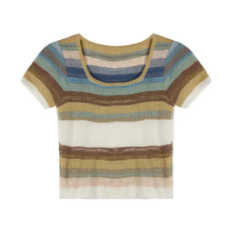 Chic Rainbow Striped Colorblock Short Sleeve T-Shirt