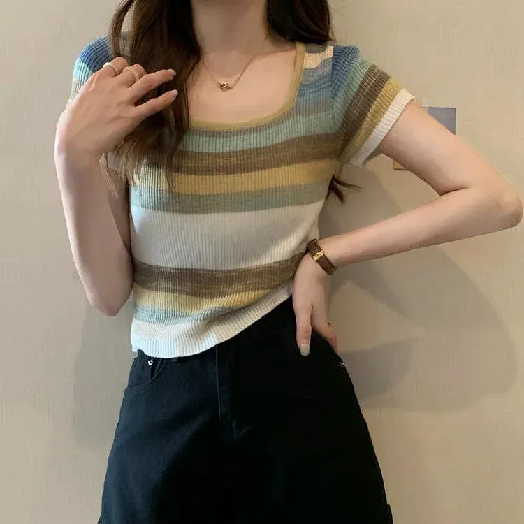 Chic Rainbow Striped Colorblock Short Sleeve T-Shirt
