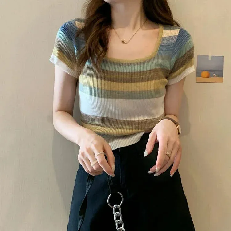 Chic Rainbow Striped Colorblock Short Sleeve T-Shirt