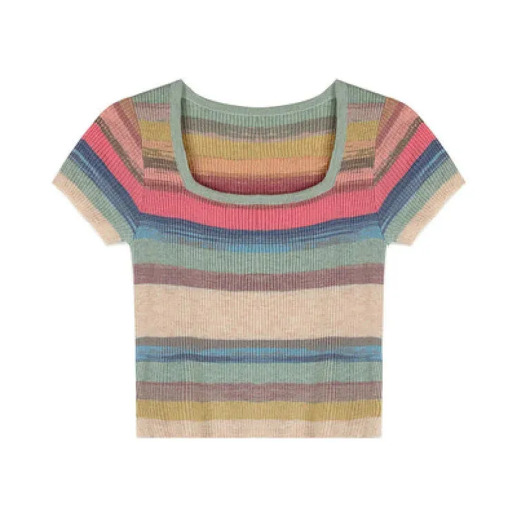 Chic Rainbow Striped Colorblock Short Sleeve T-Shirt