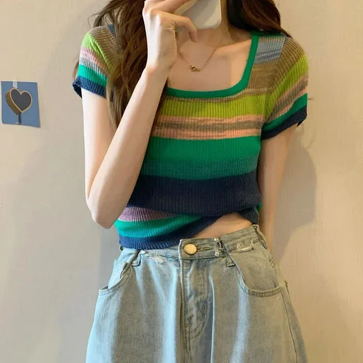 Chic Rainbow Striped Colorblock Short Sleeve T-Shirt