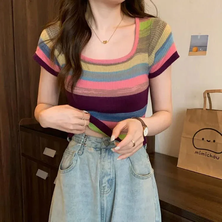 Chic Rainbow Striped Colorblock Short Sleeve T-Shirt