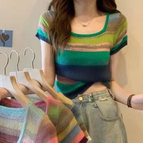 Chic Rainbow Striped Colorblock Short Sleeve T-Shirt