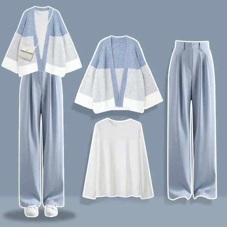 Colorblock Cardigan Sweater Shirt Casual Pants Three Piece Set