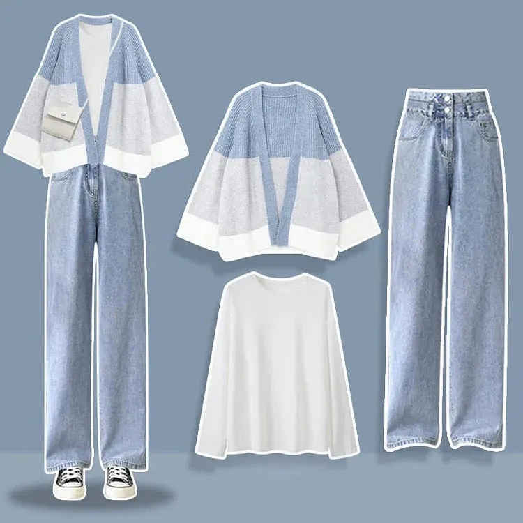 Colorblock Cardigan Sweater Shirt Casual Pants Three Piece Set