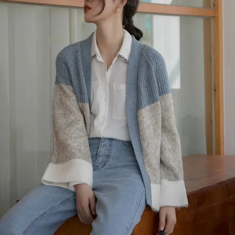 Colorblock Cardigan Sweater Shirt Casual Pants Three Piece Set