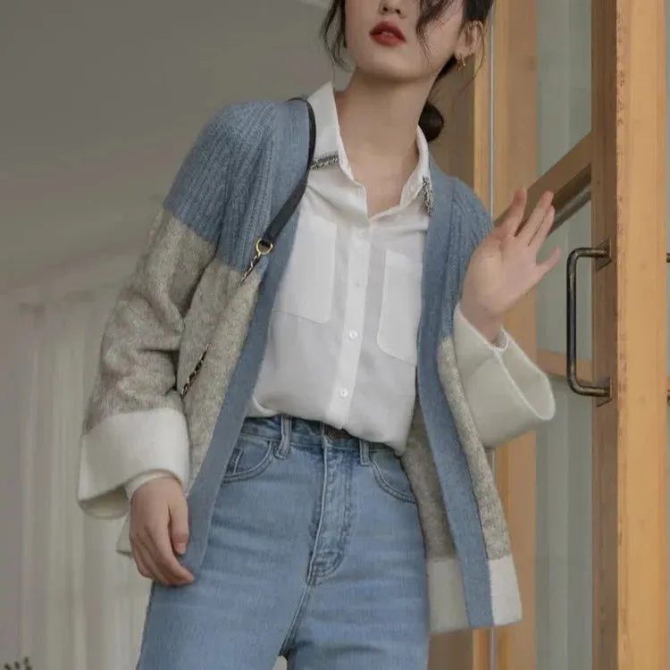 Colorblock Cardigan Sweater Shirt Casual Pants Three Piece Set