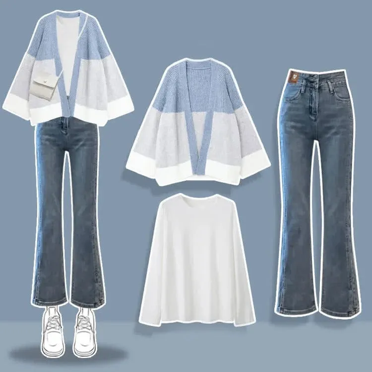 Colorblock Cardigan Sweater Shirt Casual Pants Three Piece Set