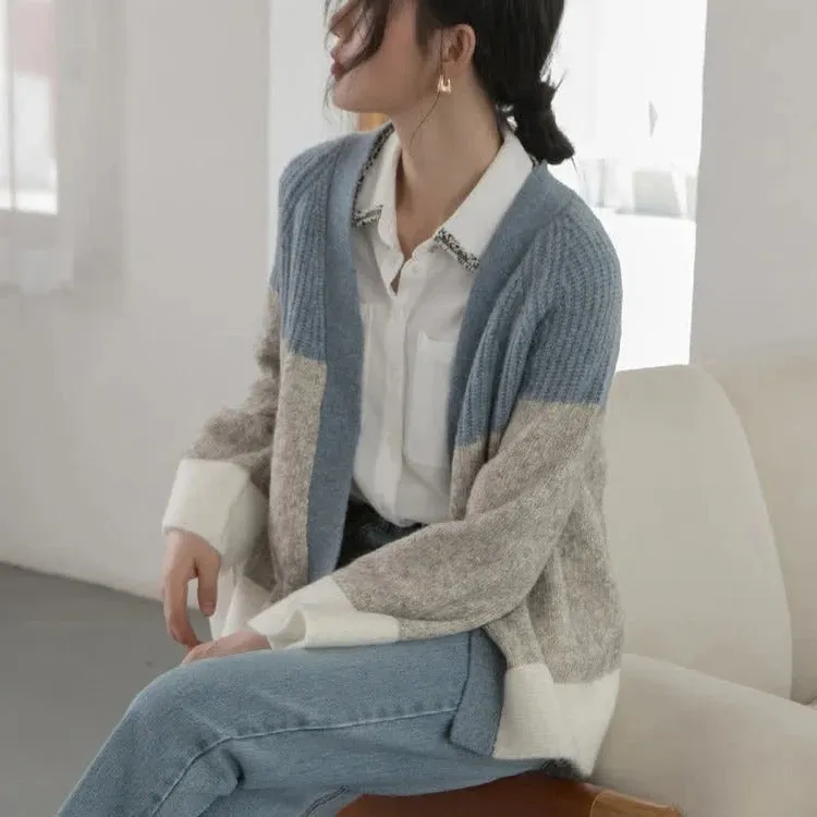 Colorblock Cardigan Sweater Shirt Casual Pants Three Piece Set