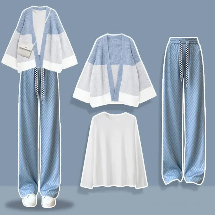 Colorblock Cardigan Sweater Shirt Casual Pants Three Piece Set