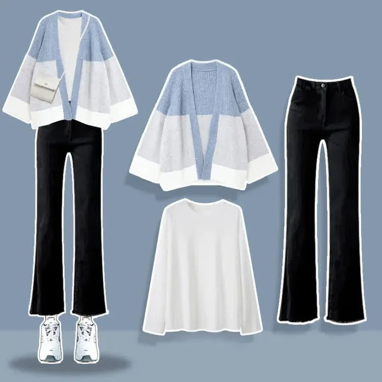 Colorblock Cardigan Sweater Shirt Casual Pants Three Piece Set