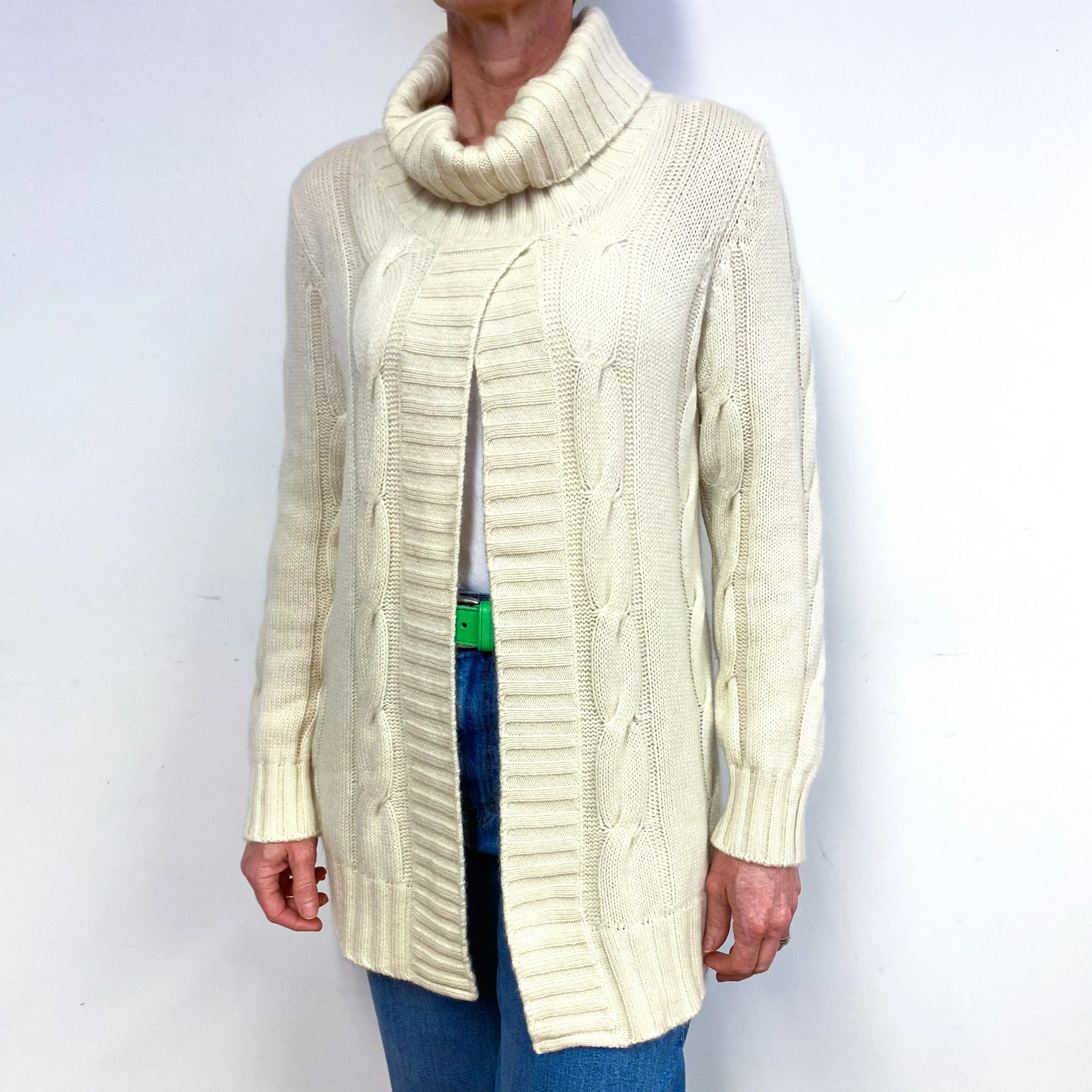 Cream Chunky Cashmere Split Front Polo Neck Jumper Medium
