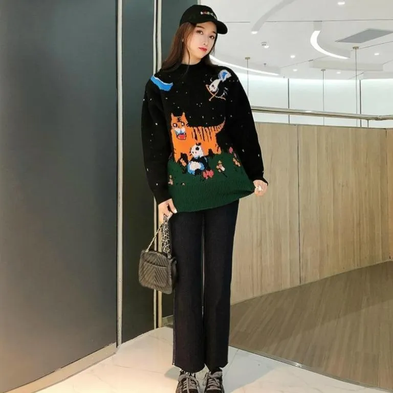 Cupid Panda and Cute Animals Women's Jumper Kawaii Harajuku Panda Tiger Cat Dog Teddy Bear Dinosaur Night Stars Unique Geek Girl