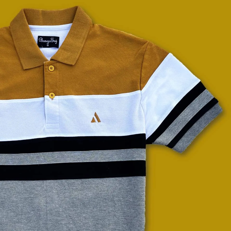 Dijon Yellow White Gray with Black stripe Polo T-Shirt