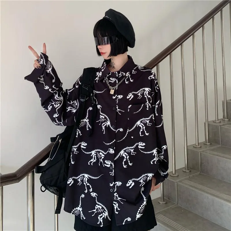 Dinosaur Bones Printed Grunge Long Sleeve Shirt