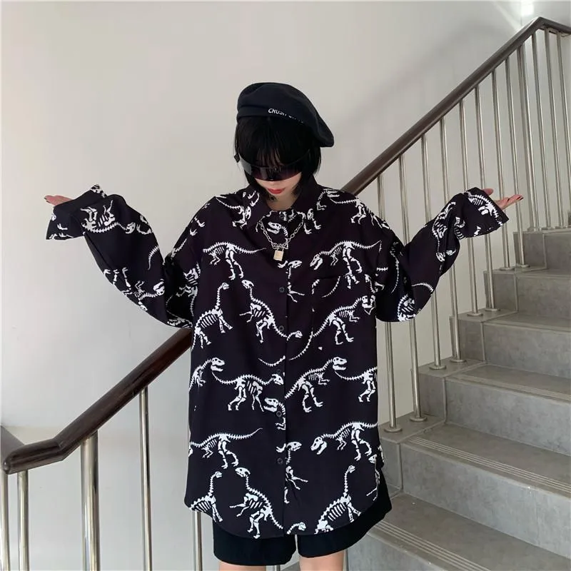 Dinosaur Bones Printed Grunge Long Sleeve Shirt