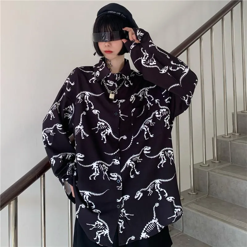 Dinosaur Bones Printed Grunge Long Sleeve Shirt