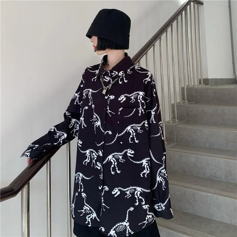 Dinosaur Bones Printed Grunge Long Sleeve Shirt