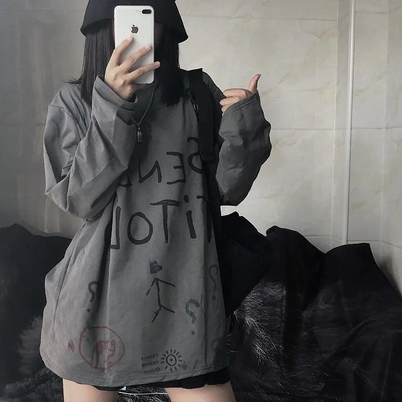 Drawings Print Tumblr Grunge Oversized Long Sleeve T-Shirt
