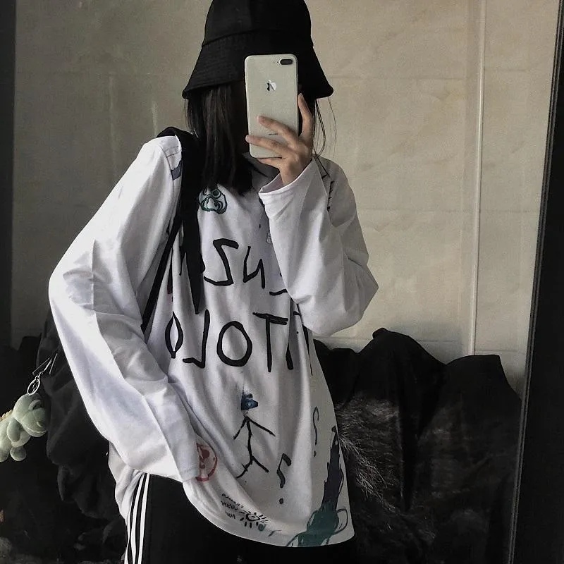 Drawings Print Tumblr Grunge Oversized Long Sleeve T-Shirt