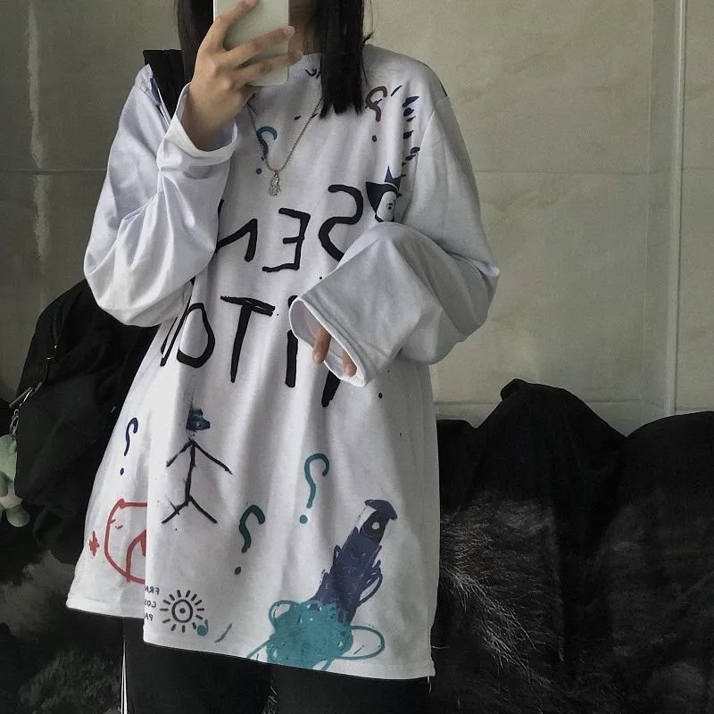 Drawings Print Tumblr Grunge Oversized Long Sleeve T-Shirt