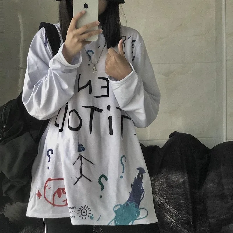 Drawings Print Tumblr Grunge Oversized Long Sleeve T-Shirt