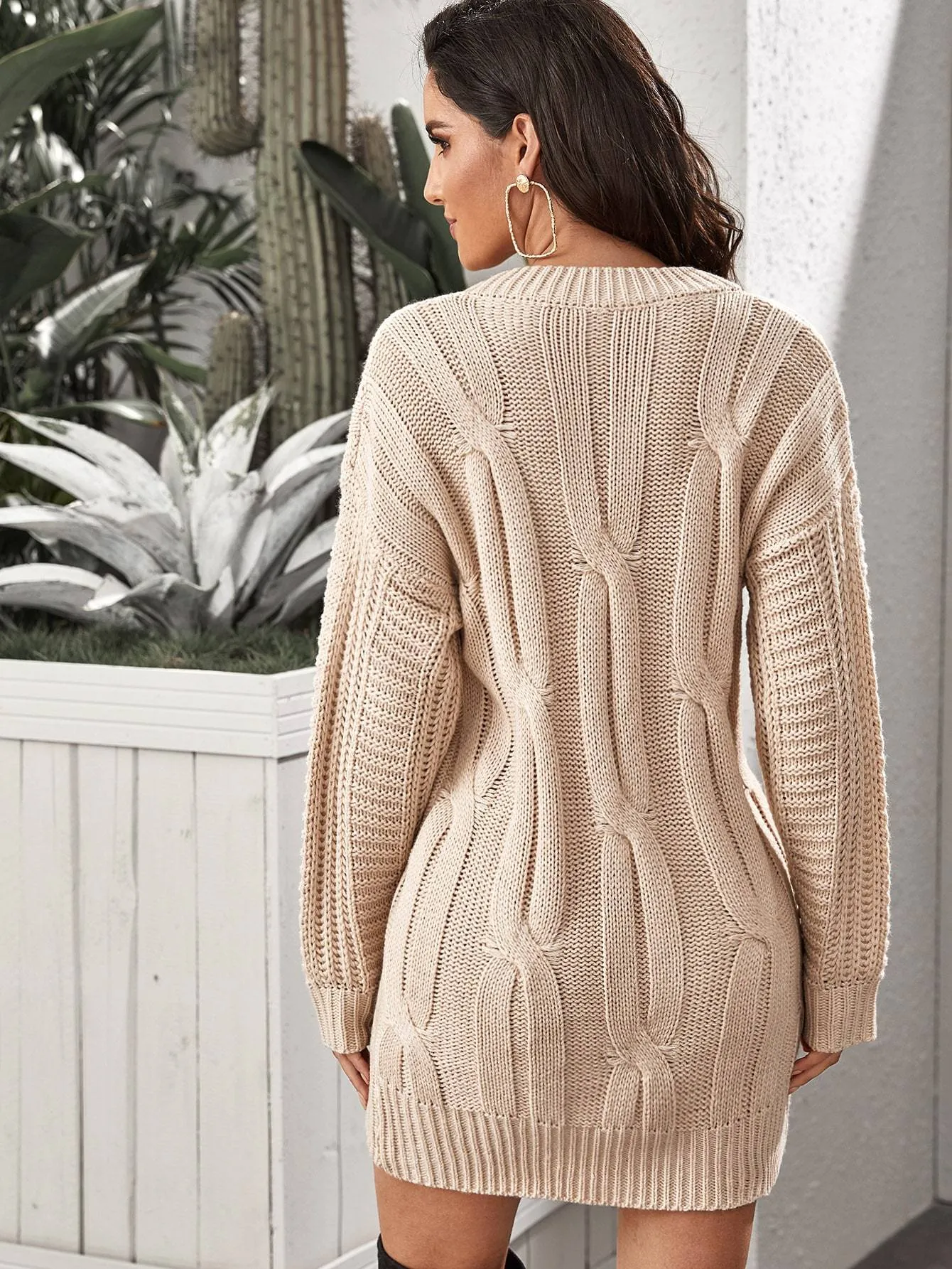 Drop Shoulder Cable Knit Jumper Dress Without Belt