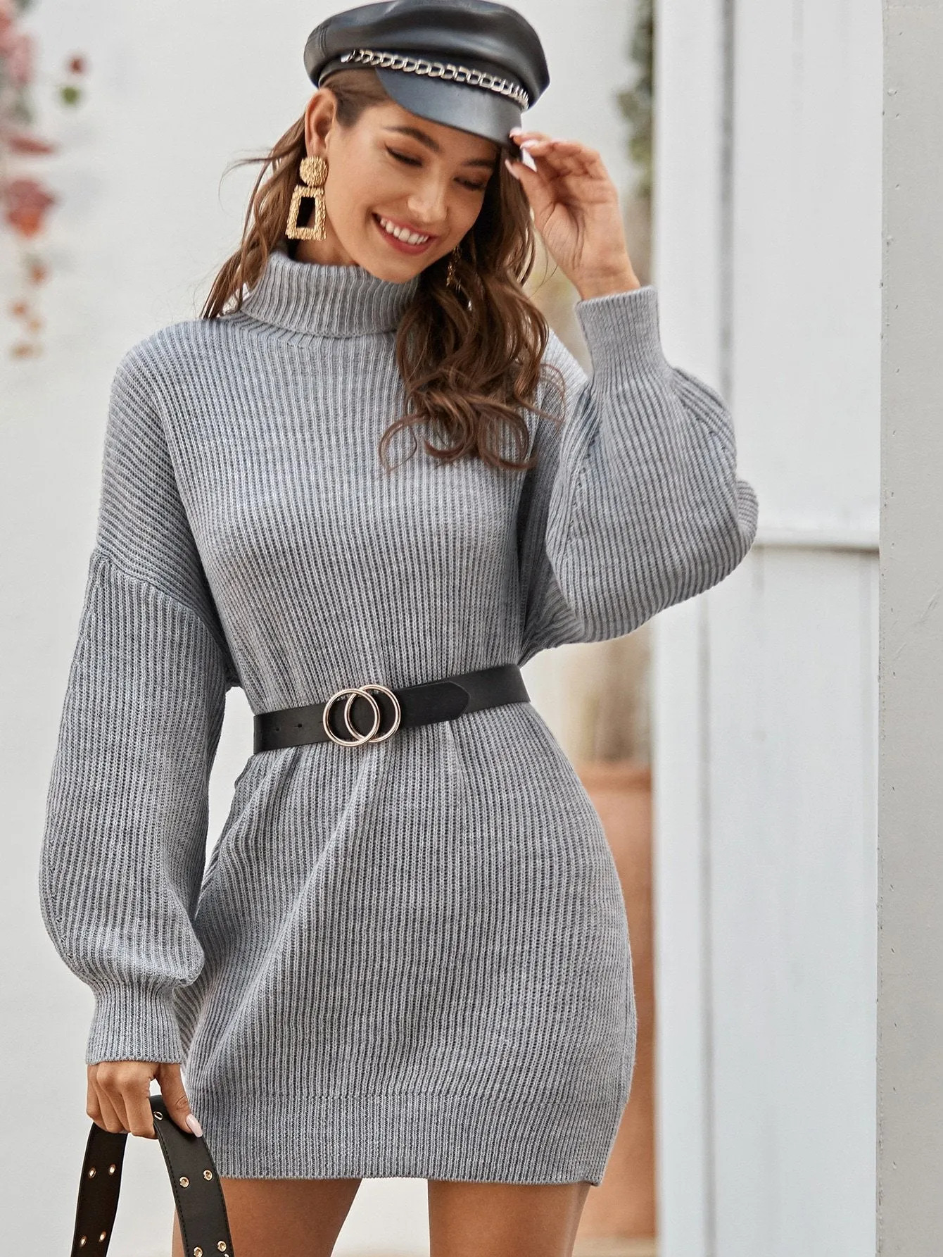 Drop Shoulder Turtleneck Jumper Dress Without Belt