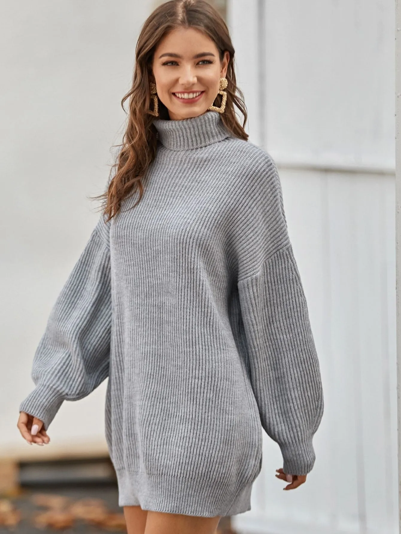 Drop Shoulder Turtleneck Jumper Dress Without Belt