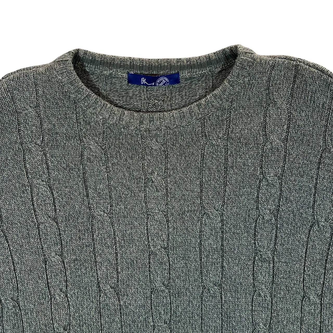 Early 00's BHS Classic Green Cable Knit Cotton Crewneck Sweater Jumper