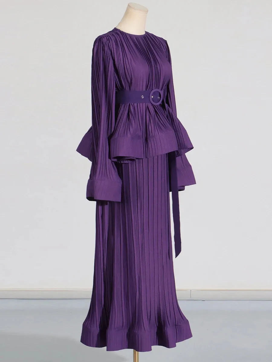 Elegant Long Sleeve Patchwork Ruffles Two-Piece Set