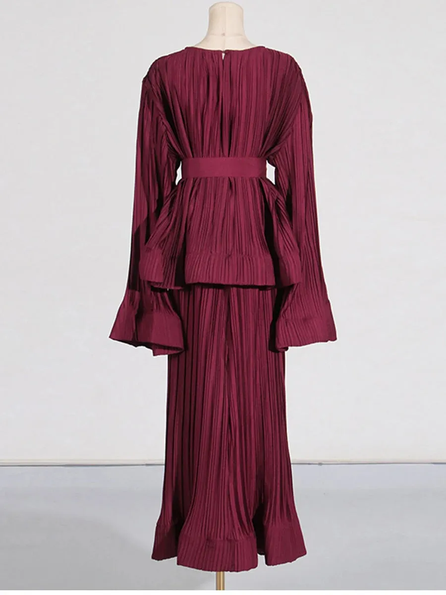 Elegant Long Sleeve Patchwork Ruffles Two-Piece Set