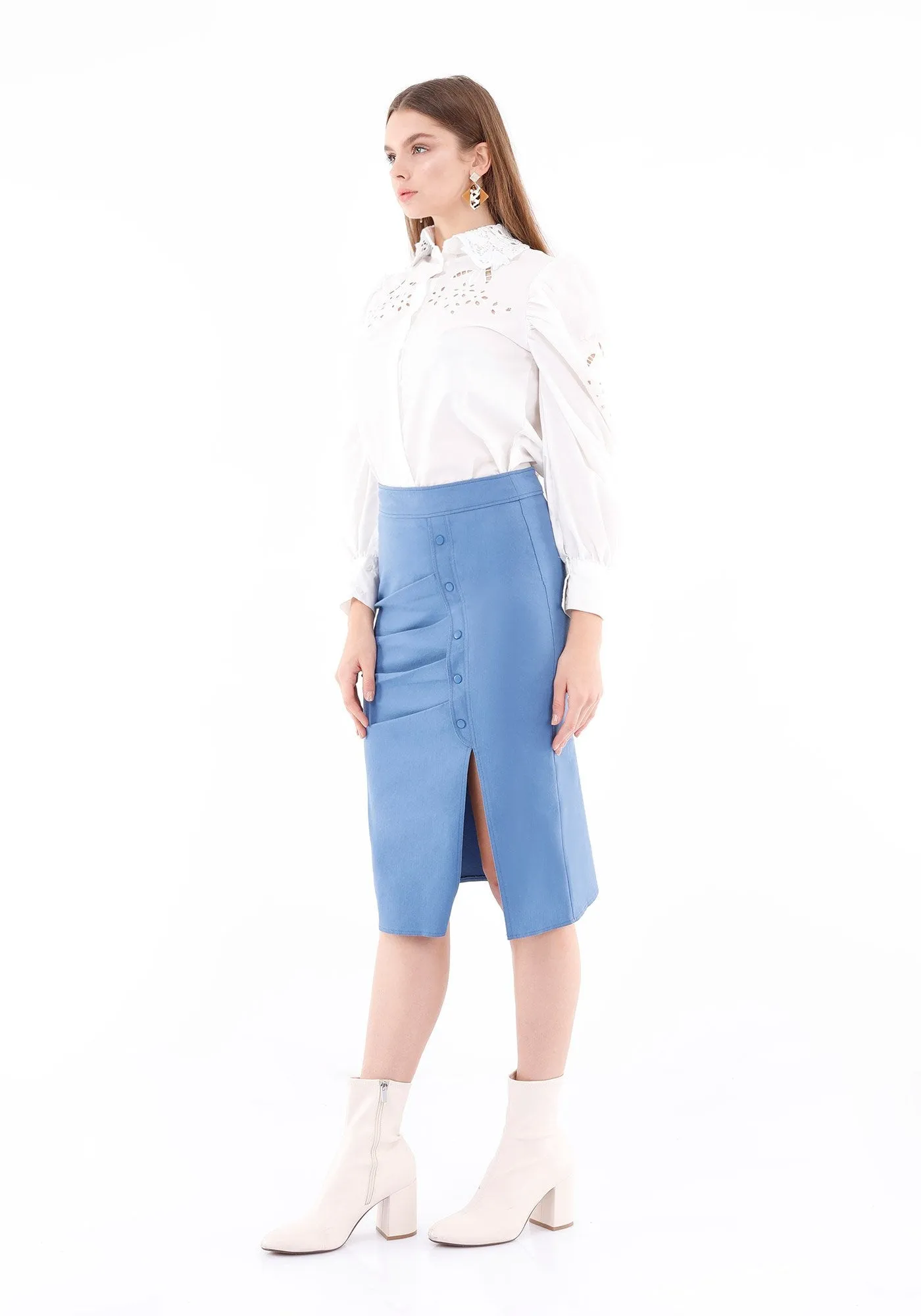 Elegant Slit Side High Waist Pencil Midi Skirt (Indigo)