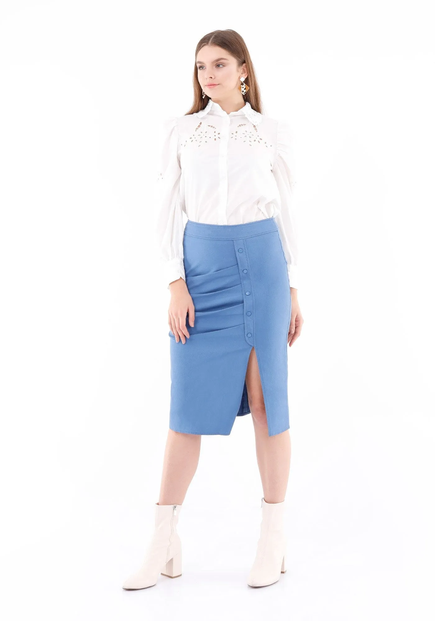 Elegant Slit Side High Waist Pencil Midi Skirt (Indigo)