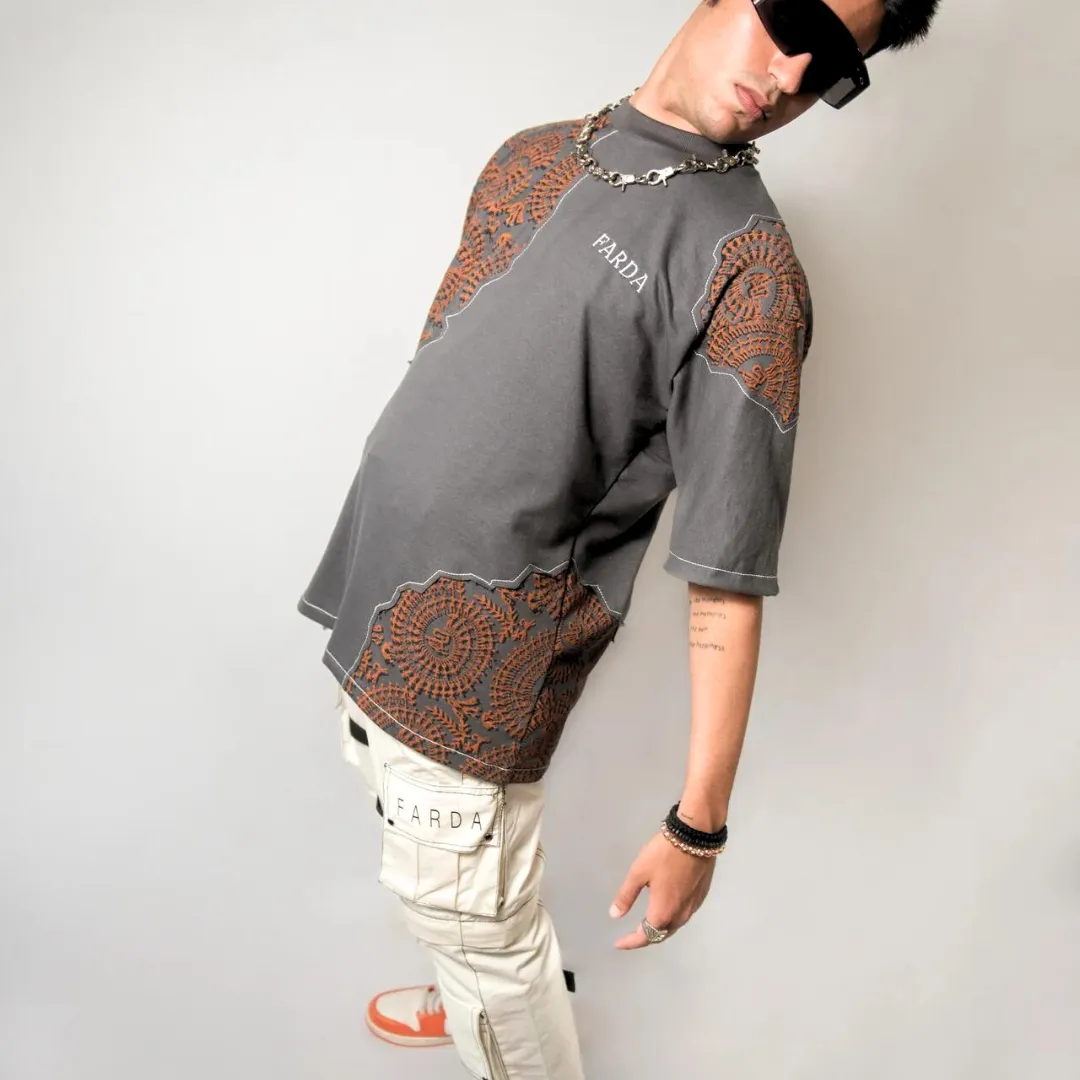 Farda Sunfest Blockprinted Grey T-Shirt