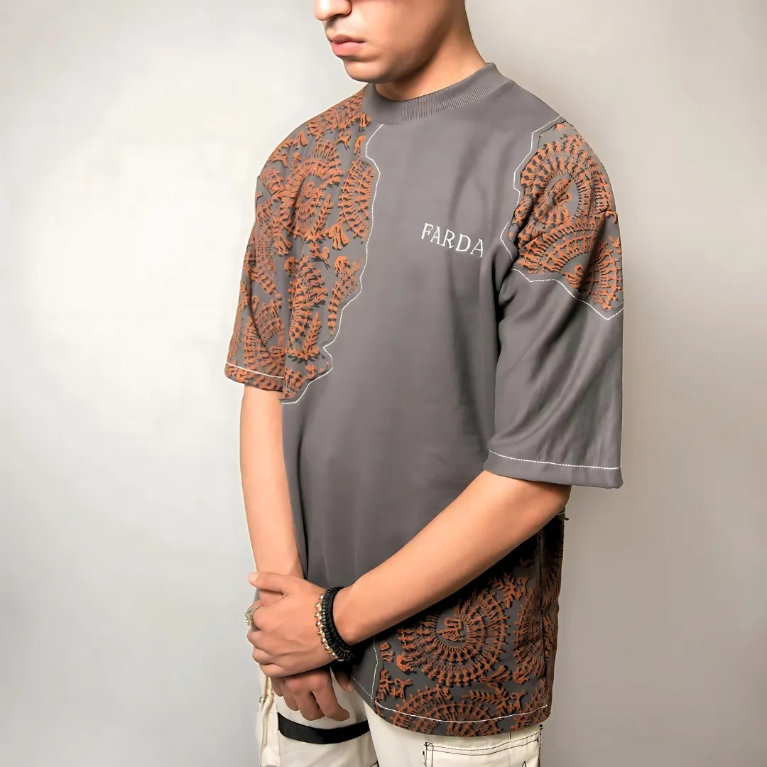 Farda Sunfest Blockprinted Grey T-Shirt