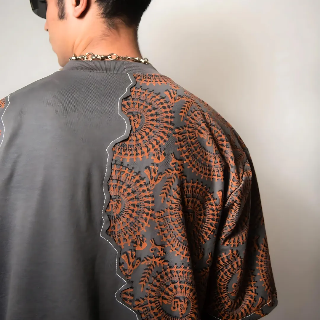 Farda Sunfest Blockprinted Grey T-Shirt