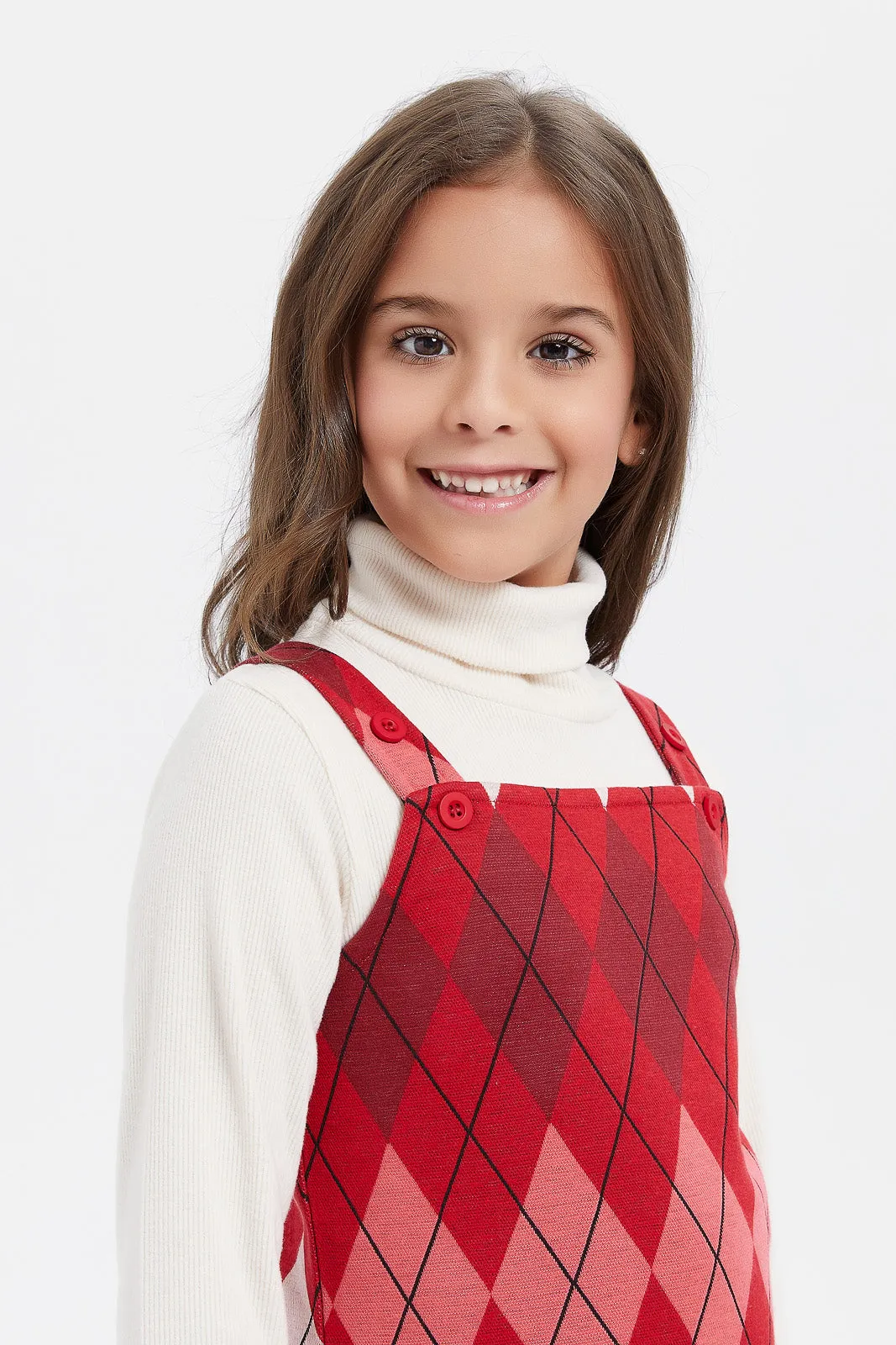 Girls Red Jacquard Dress Set (2 Piece)