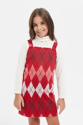 Girls Red Jacquard Dress Set (2 Piece)