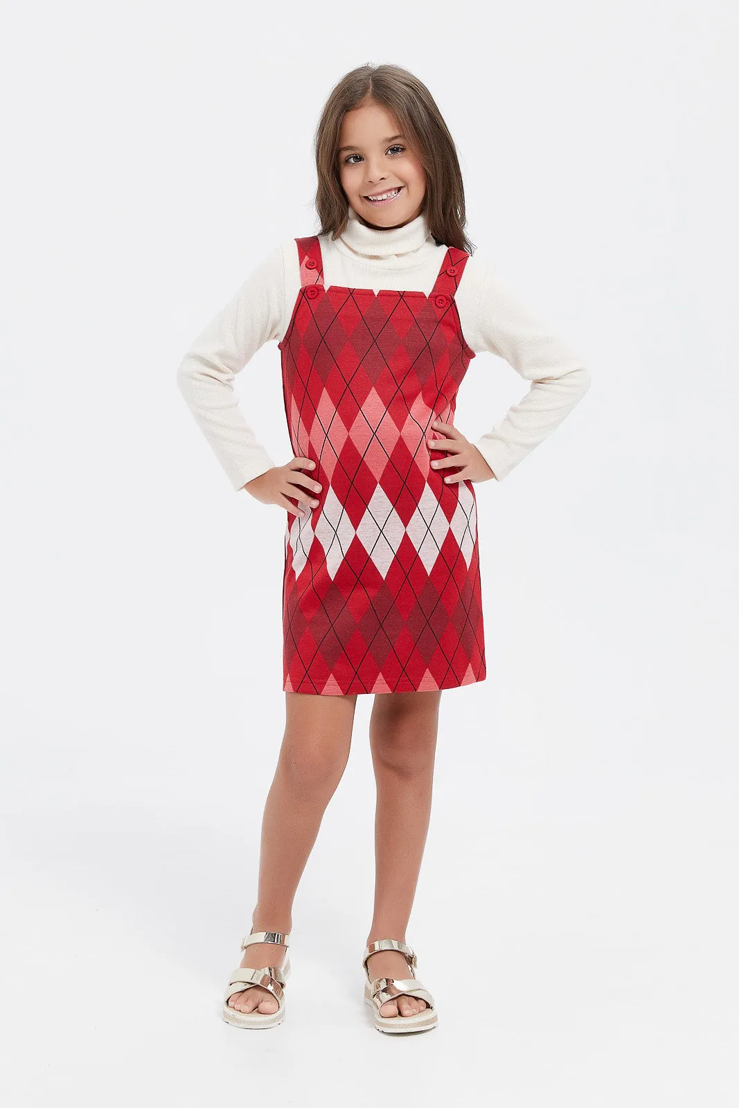 Girls Red Jacquard Dress Set (2 Piece)