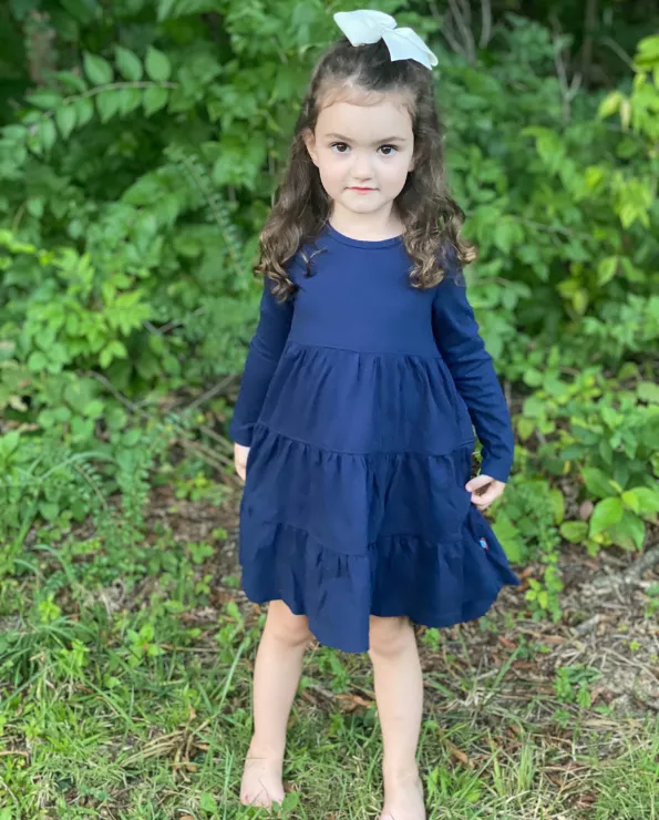Girls Soft Cotton Jersey Long Sleeve Tiered Dress | Turquoise