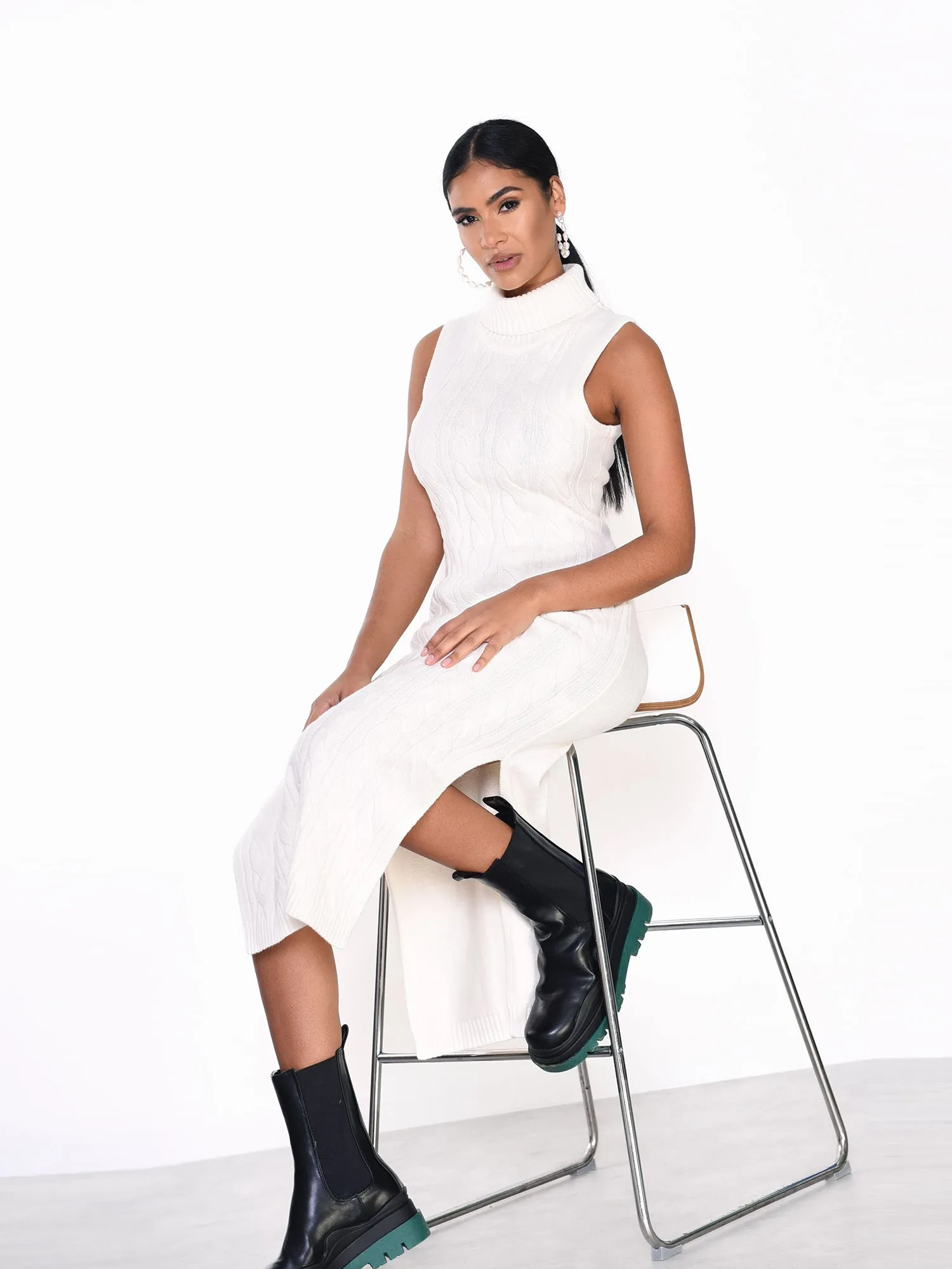 Glamorous Cream side Split High Neck Knit Midi Dress