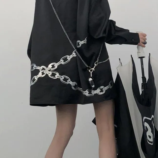 Grunge Chain Printing Short Sleeve Black Shirt