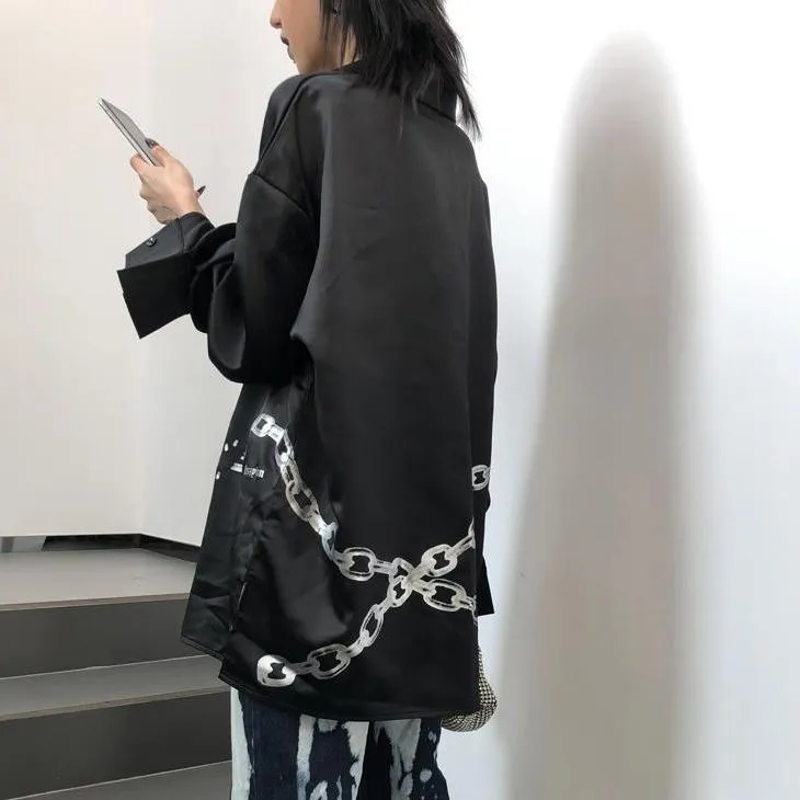 Grunge Chain Printing Short Sleeve Black Shirt