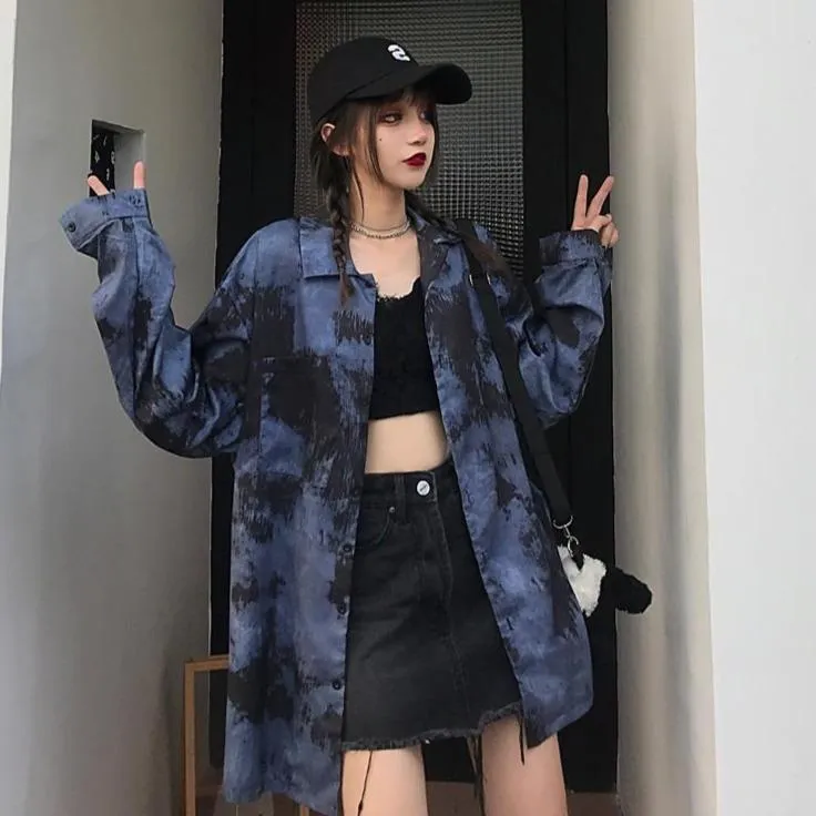 Grunge Tie Dye Printed Oversized Long Sleeve Shirt