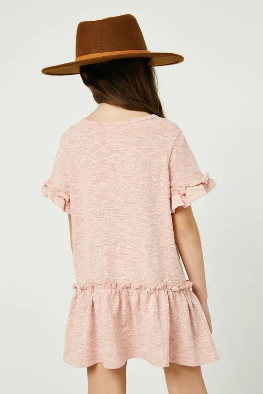 Hayden Los Angeles - Girls Knit Ruffle Sleeve Henley Mini Dress in Pink